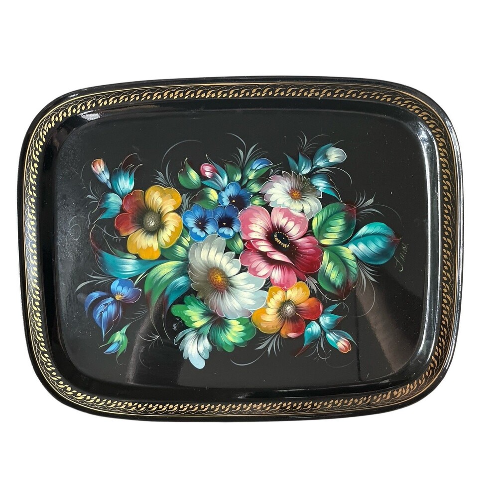 RARE Vintage Zhostovo USSR Soviet Flower Metal Hand Painted Tray Signed 18 x 13"